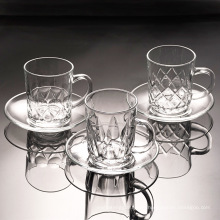 Haonai clear glass tea coffee set clear glass coffee cup with saucer with embossed design